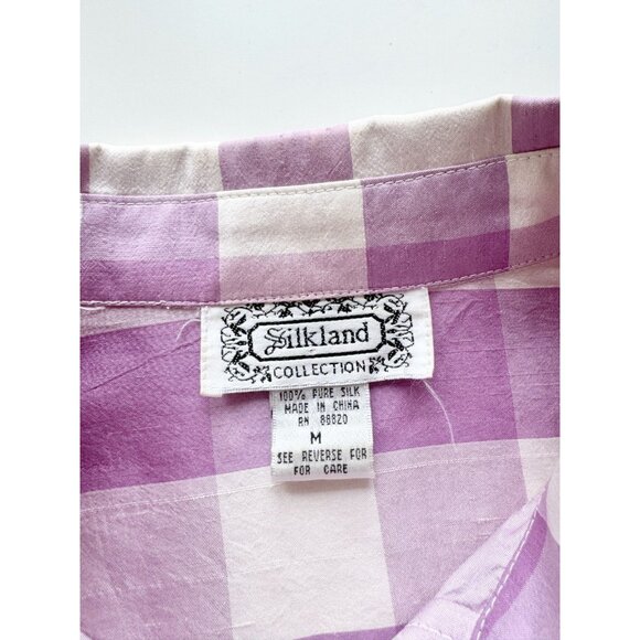 Vintage 90's SILKLAND Purple White Silk Buffalo Check Button Down Shirt, Size M - Picture 11 of 12